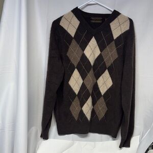 PAOLO MONDO 100 % Cashmere brown and cream v neck diamond sweater Large